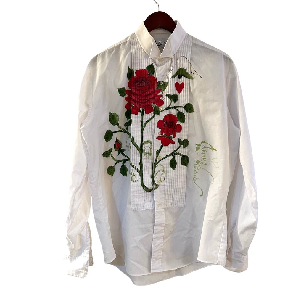 One of a Kind Hand Painted Men's Tuxedo Button Up Dress Shirt Roses Artsy Size L